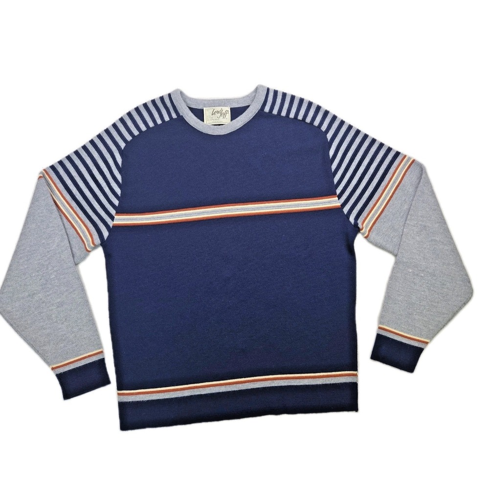 Vintage Lord Jeff Sweater Navy Blue Striped Mod 1960s 1970s Acrylic Men's Size L